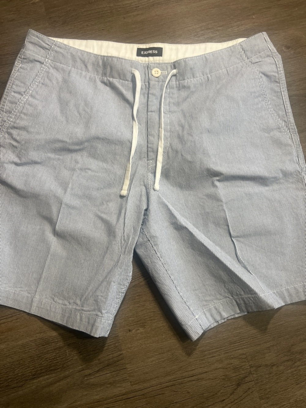 Express Light Blue and White Seersucker Drawstring Shorts